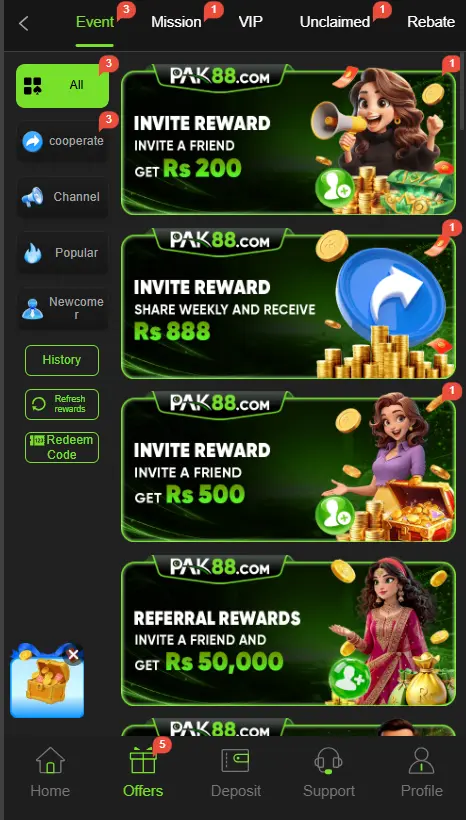 Pak88 game image showing rewards and bonuses user can get